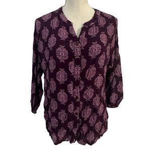 Wonderly Top Size MEDIUM Floral 3/4  Sleeve Button Up Semi Sheer Blouse Shirt